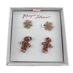 Betsey Johnson NWOT Pierced Earrings Gingerbread Boy & Girl Snowflake Set